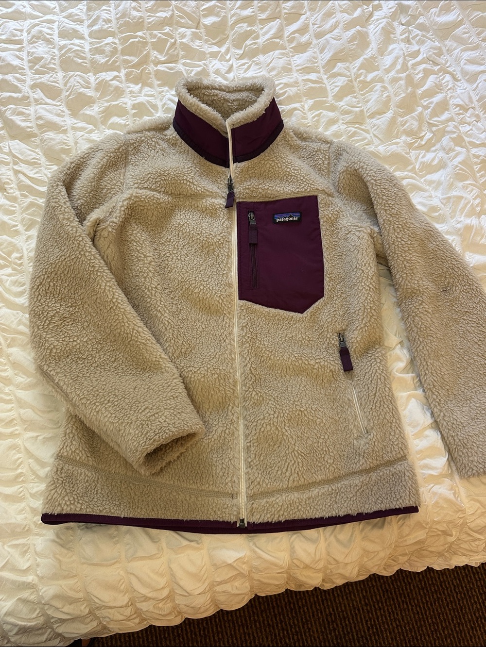 Patagonia Cream Sherpa Jacket with Burgundy Pocket Trim